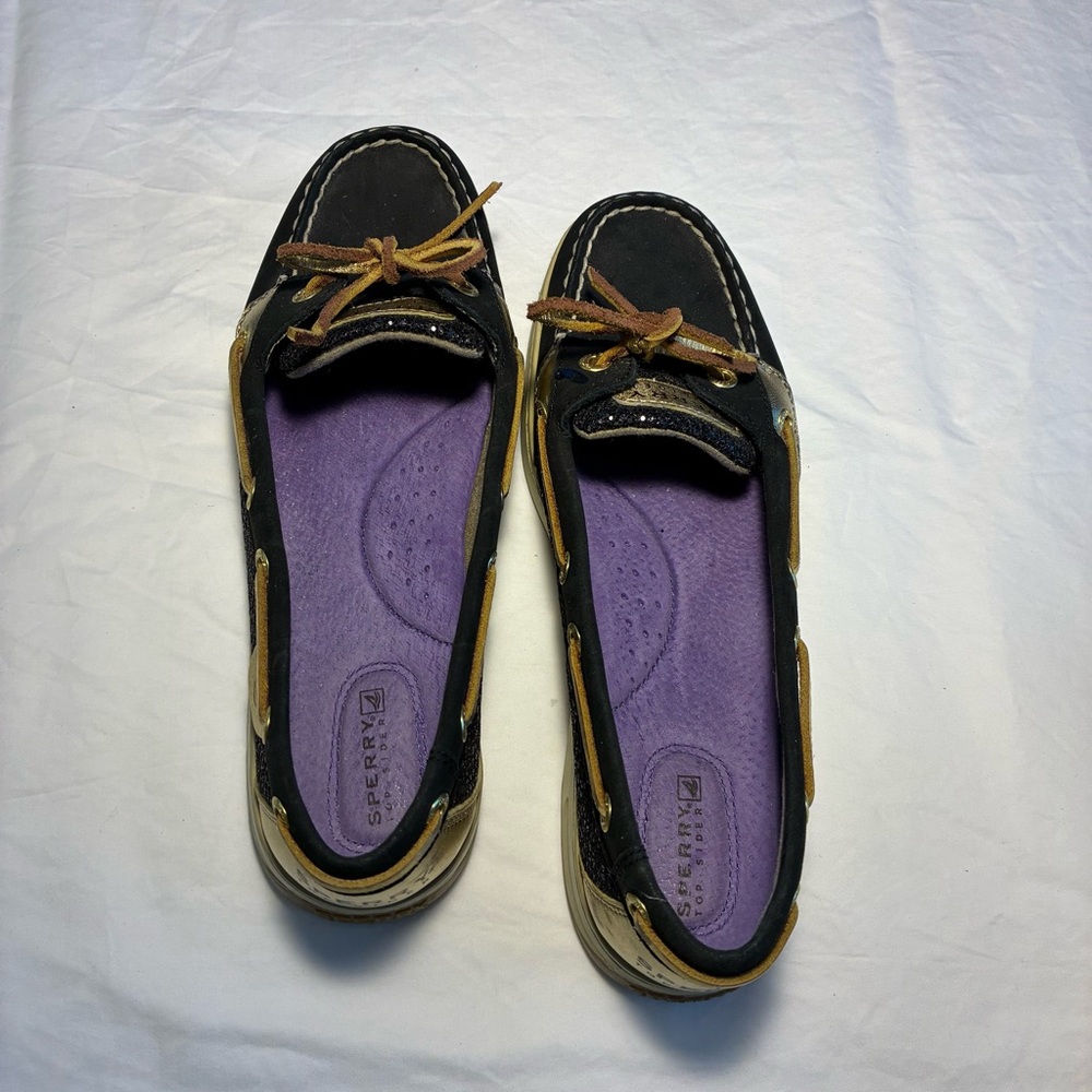 Sperry Women's Size 9 Black& Gold Angelfish Glitter Boat Topsiders Shoes Slip On - Picture 7 of 9